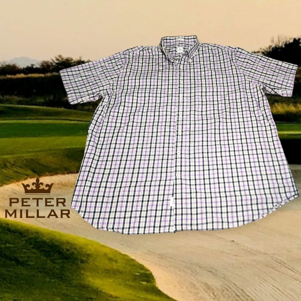 Peter Millar Mens Cotton Short Sleeve Button Down Purple Check Plaid XXL
